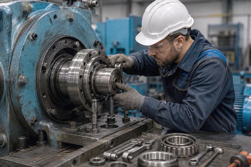 Technik podczas regeneracji i serwisu maszyny przemysłowej